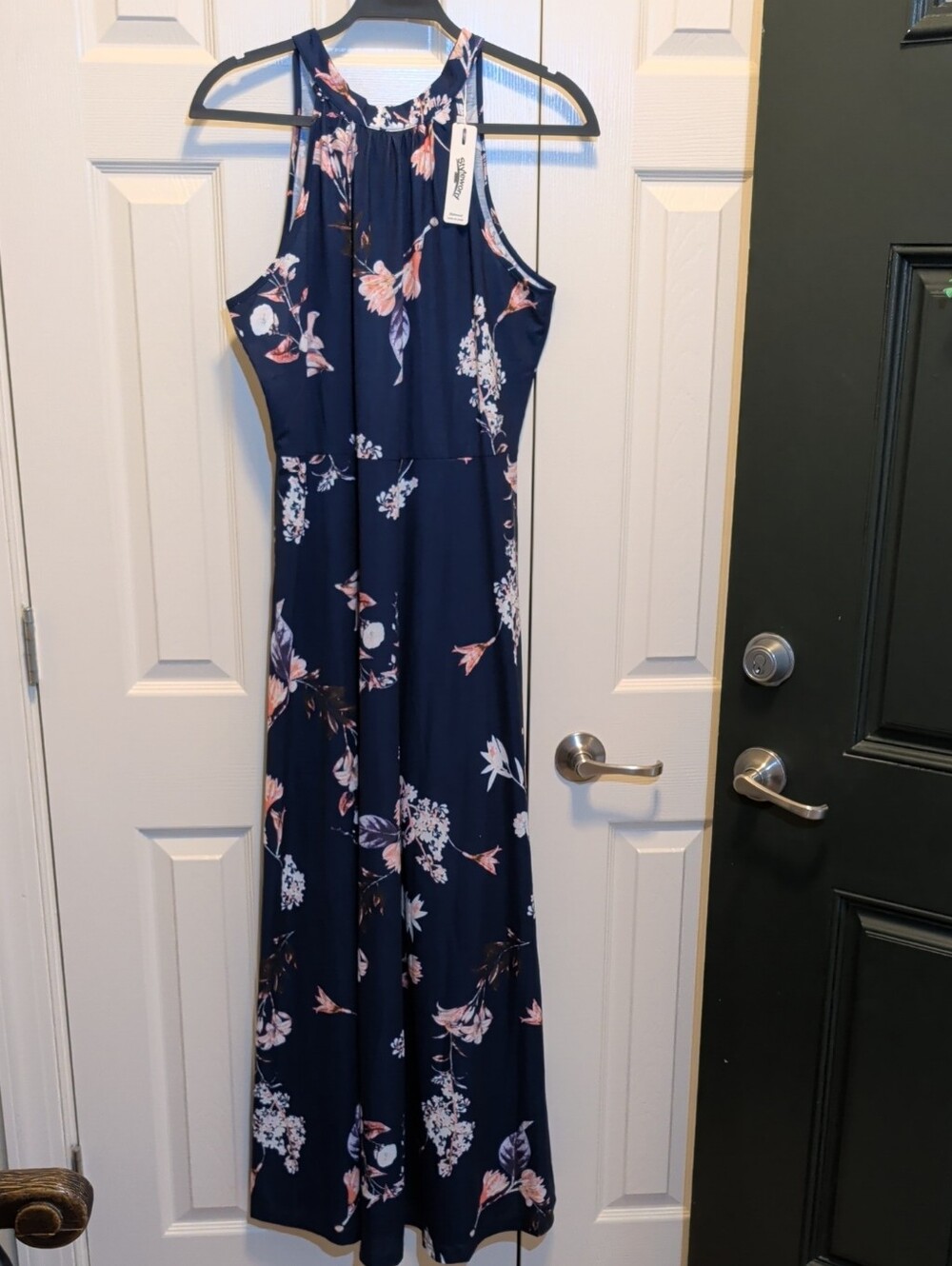 Floral Halter Maxi Dress - Navy with Pink Accents